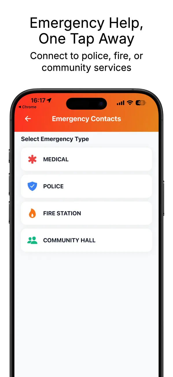 Scene2Seen emergency contacts screen with medical, police, and fire services