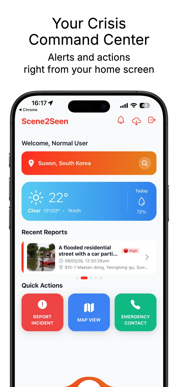 Scene2Seen home screen with local weather, recent reports, and emergency shortcuts