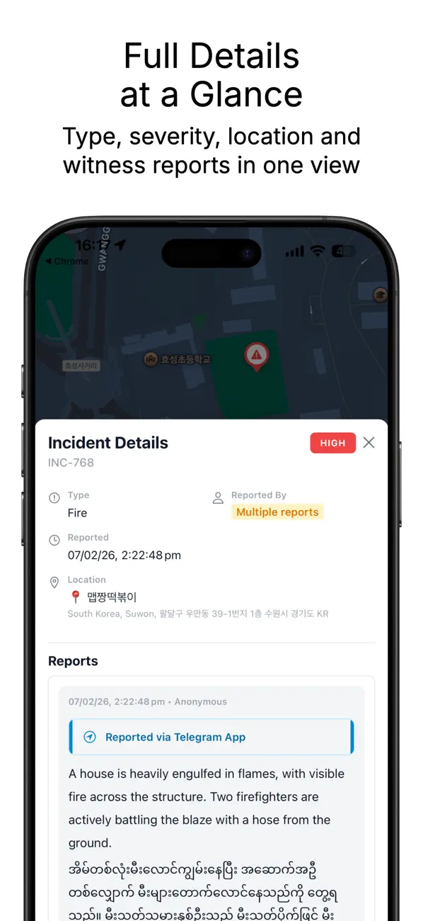 Scene2Seen incident details showing severity, location, and witness reports