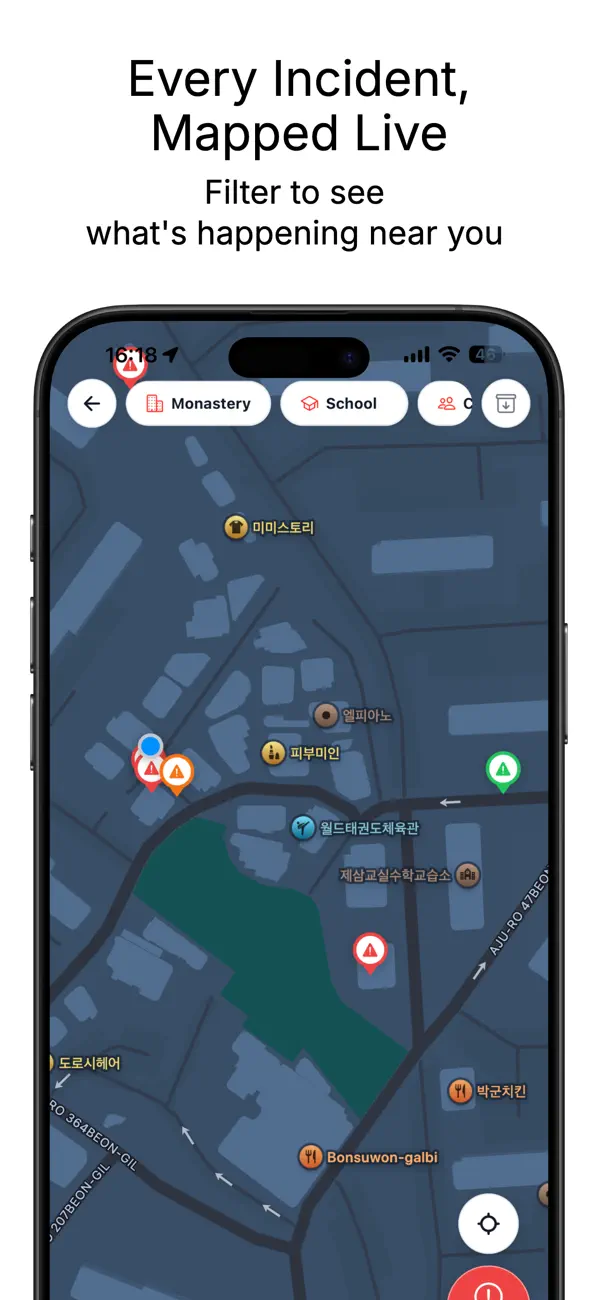 Scene2Seen incident map with severity markers and location filters